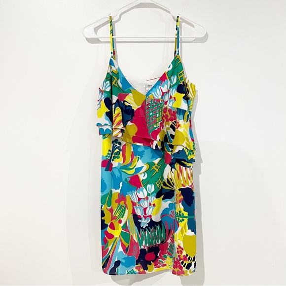 JCrew Floral Multicolor Bold Printed Spaghetti Strap Ruffle Tank Dress size 6 - Picture 4 of 12
